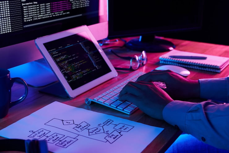 A man hand using laptop and coding